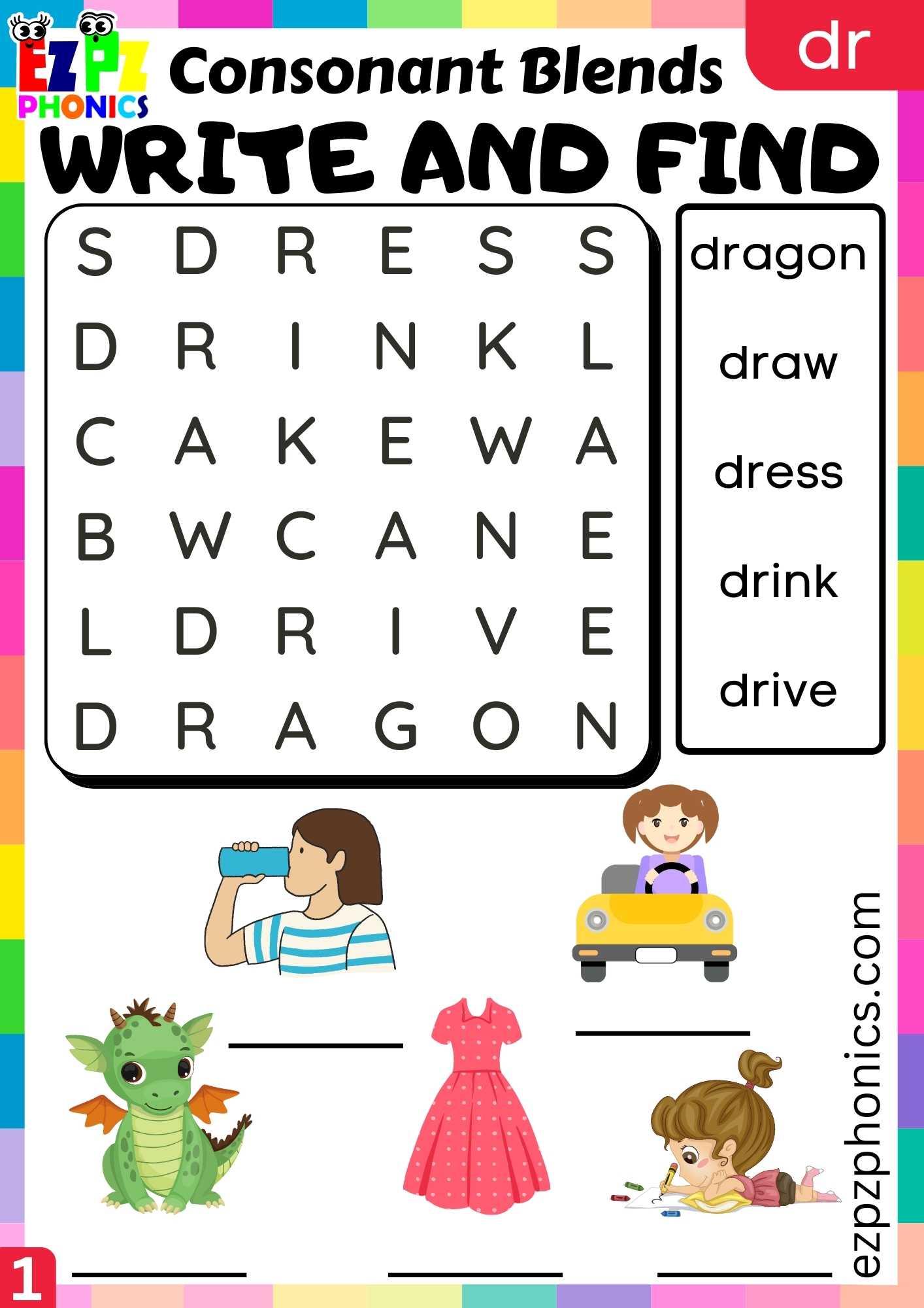 Group1 DR Words Write And Find Phonics Consonant Blends Worksheet